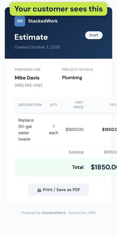The estimate page a customer sees on their phone, with Print / Save as PDF