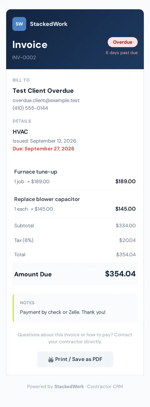 The invoice link page a customer opens, showing the amount due and due date
