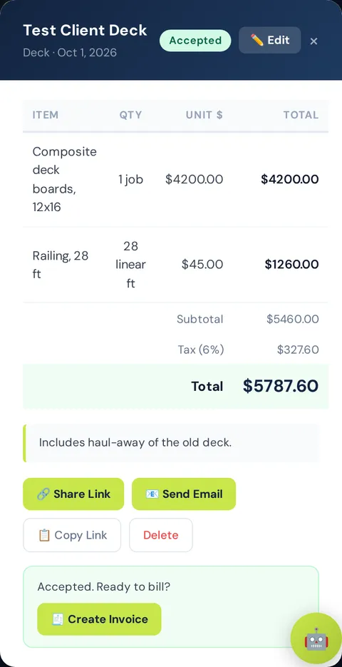 An accepted estimate with the Create Invoice button