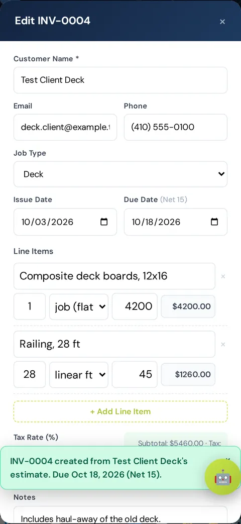 Invoice editor with issue date, due date, and line items