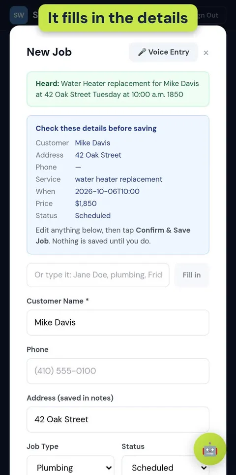 Job details filled in from a spoken sentence, with a check-before-saving summary