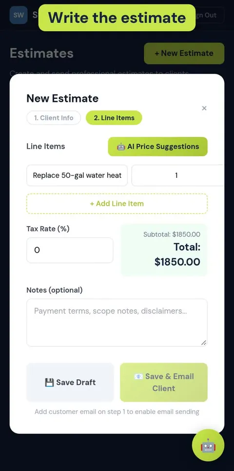 Writing an estimate in StackedWork: line item, quantity, tax rate, and total